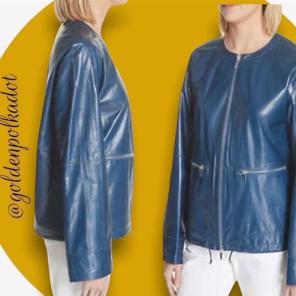 BLUE Lambskin Soft Leather Jacket Lafayette 148 New York NWT - Picture 2 of 16
